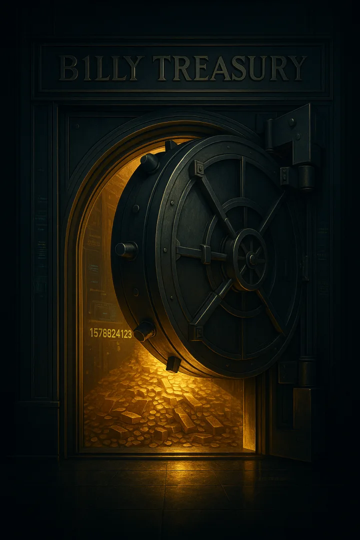 A vault door labeled B1LLY Treasury with gold light spilling out